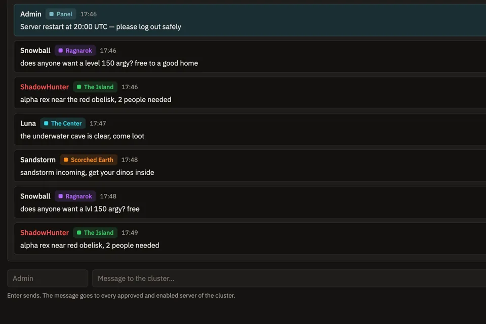 Chat feed: an admin message sent from the panel, then players on Ragnarok, The Island, The Center and Scorched Earth